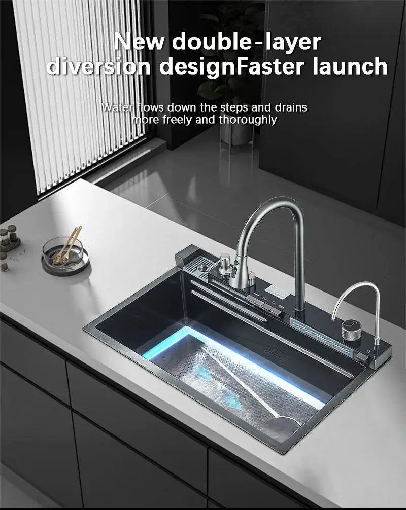 Wasserfall-Küchenspüle aus Edelstahl 304, großes Einzelschlitz-Wasserhahn-Set mit integrierter Digitalanzeige, Seifenspender, Tassenwascher