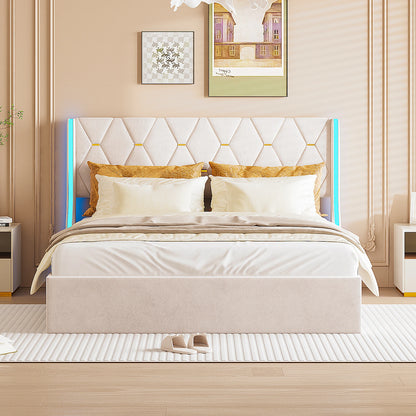 Rosahqnda Polsterbett, hydraulisches Doppelbett mit Lattenrost und LED-Kopfteil, Stauraumbett, Funktionsbettgestell in Flanell