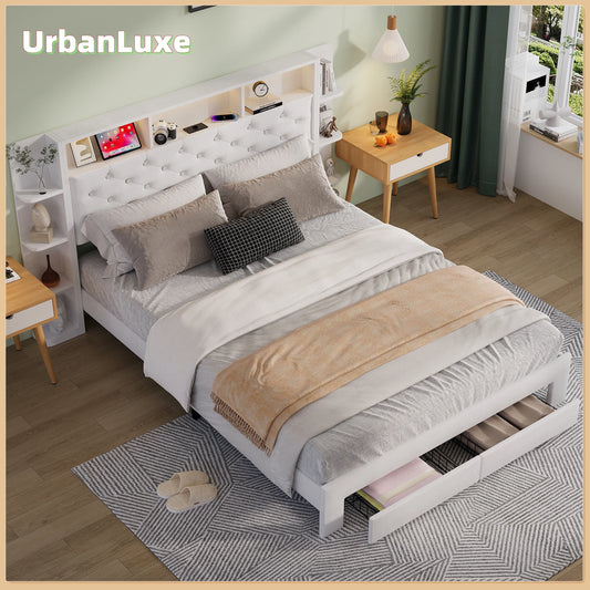 UrbanLuxe Polsterbett 140x200 cm mit LED-Streifen und USB-Ladeanschluss, Stauraumschubladen, Lattenrost, weißer Samt