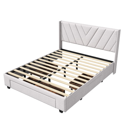 UrbanLuxe Doppelbett 160x200 cm mit 3 Schubladen, Bett mit Stauraum, Lattenrost, Bettgestell, Leinen, Beige, ohne Matratze