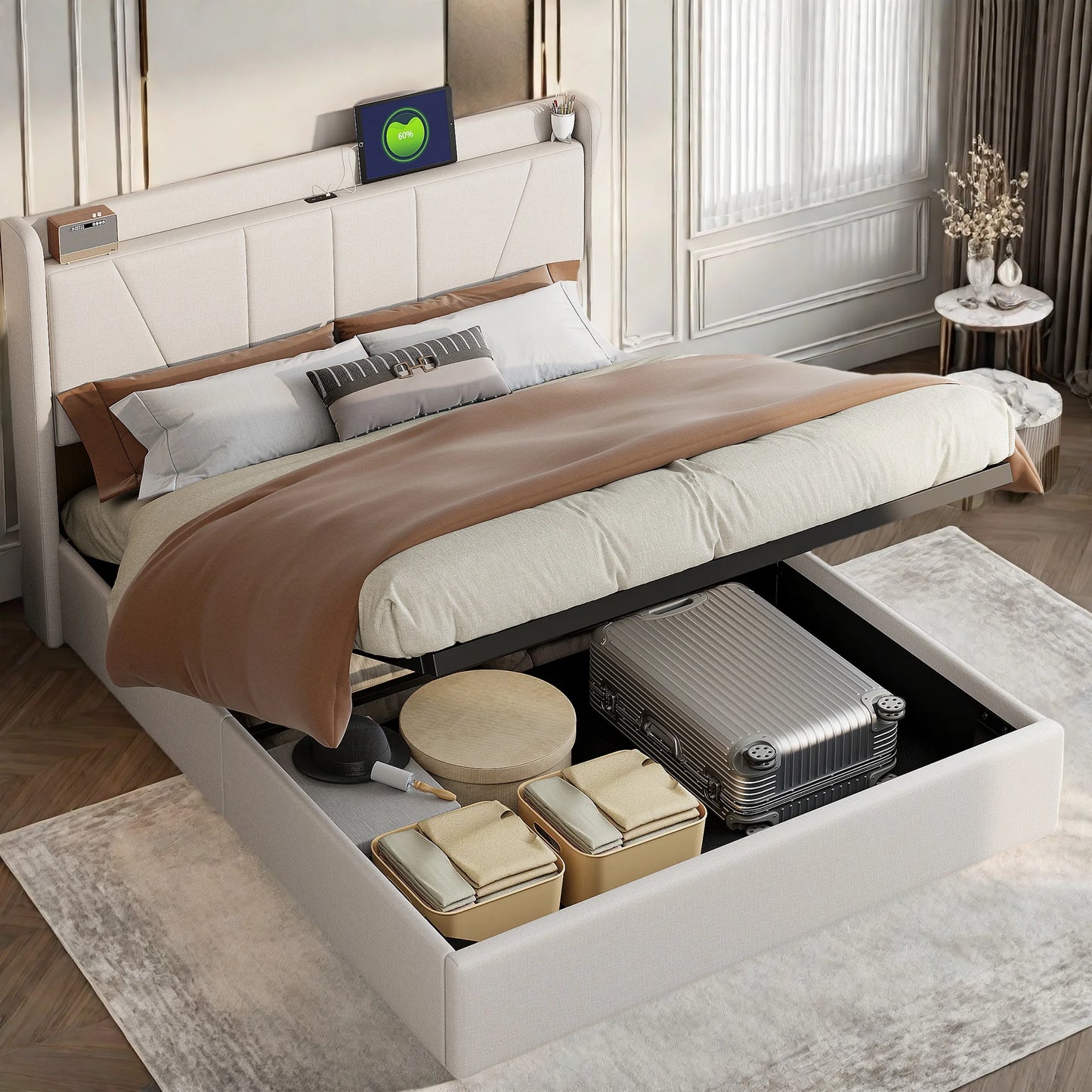 Double Bed,Storage Back and USB Rechargeable,Large Storage Bed,Suitable for Adults or Teenagers,Beige/Grey,Linen