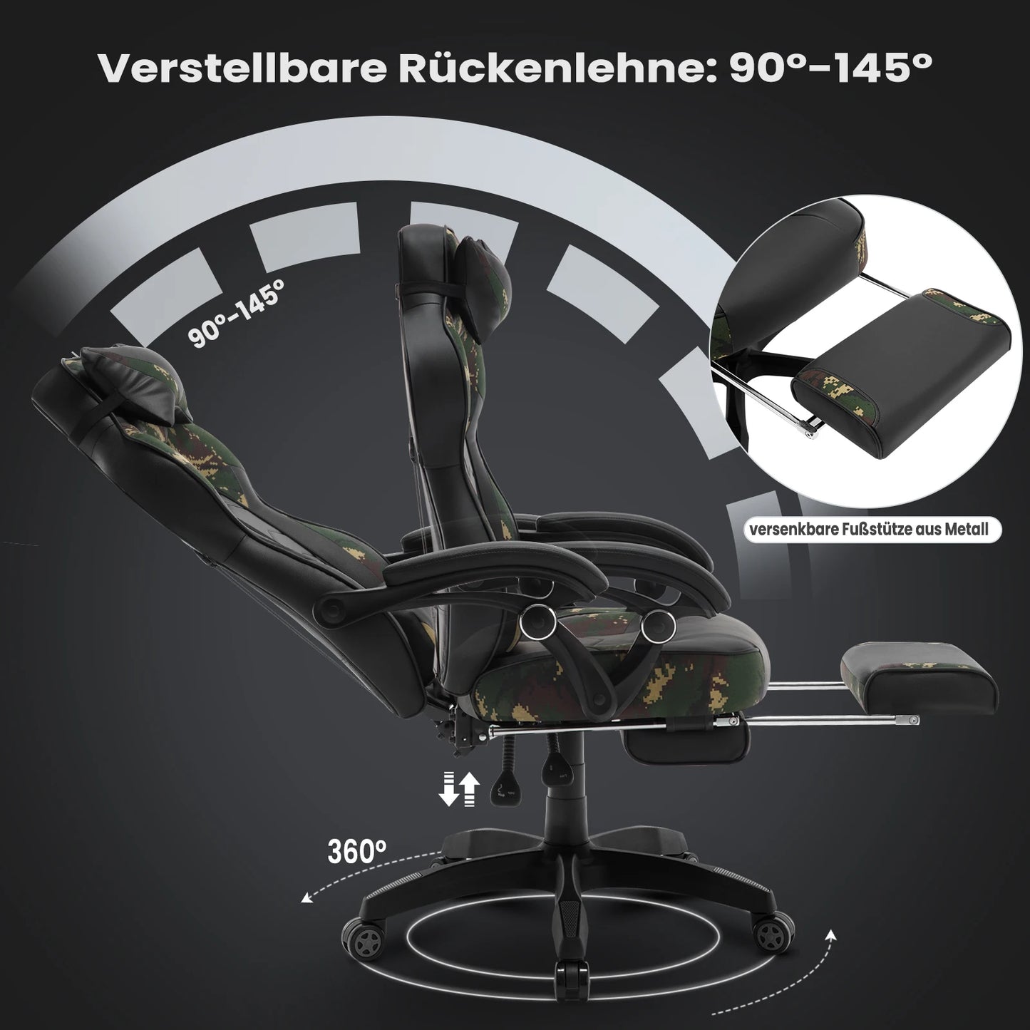 WOLTU Drehbarer Gaming-Rennstuhl, Schreibtisch, Büro, Computerstuhl, Sportsitz mit Kopfstütze, Lendenkissen, Fußstütze, Gamer-Stuhl