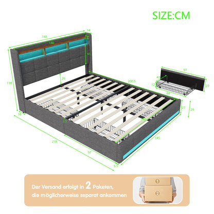 Bett mit Schubladen, 140/160 x 200 cm, Stauraumbett mit USB-Ladefunktion und LED-Kopfteil, Doppelbett mit Stauraum und 4 Schubladen. Jugendbett, funktionales Bett, Kopfteil, Lattenrost aus Holz, grau.
