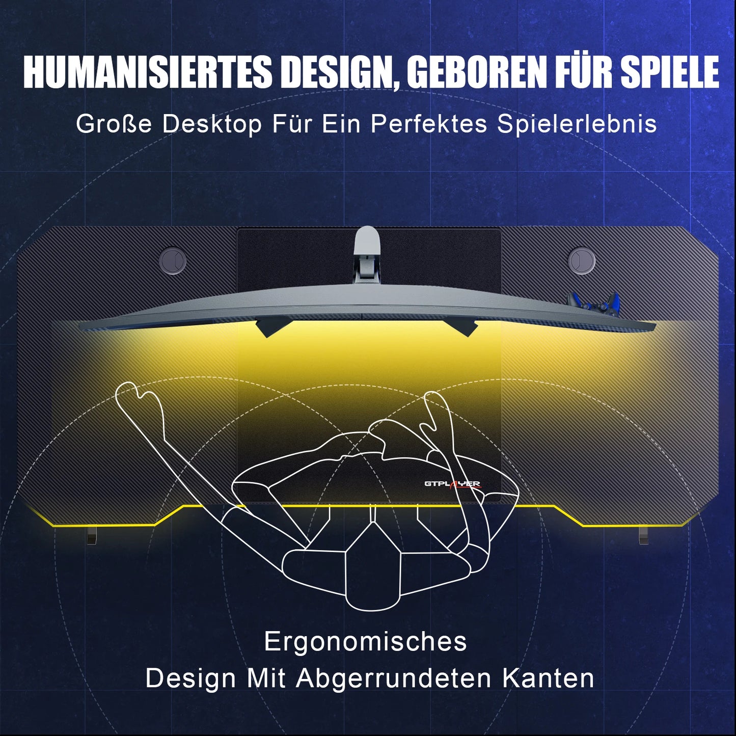 GTPLAYER Gaming Tisch, Gaming Schreibtisch 120 x 60cm, PC Tisch Gamer Tisch mit Kohlefaseroberfläche/LED/Steckdose, Schwarz