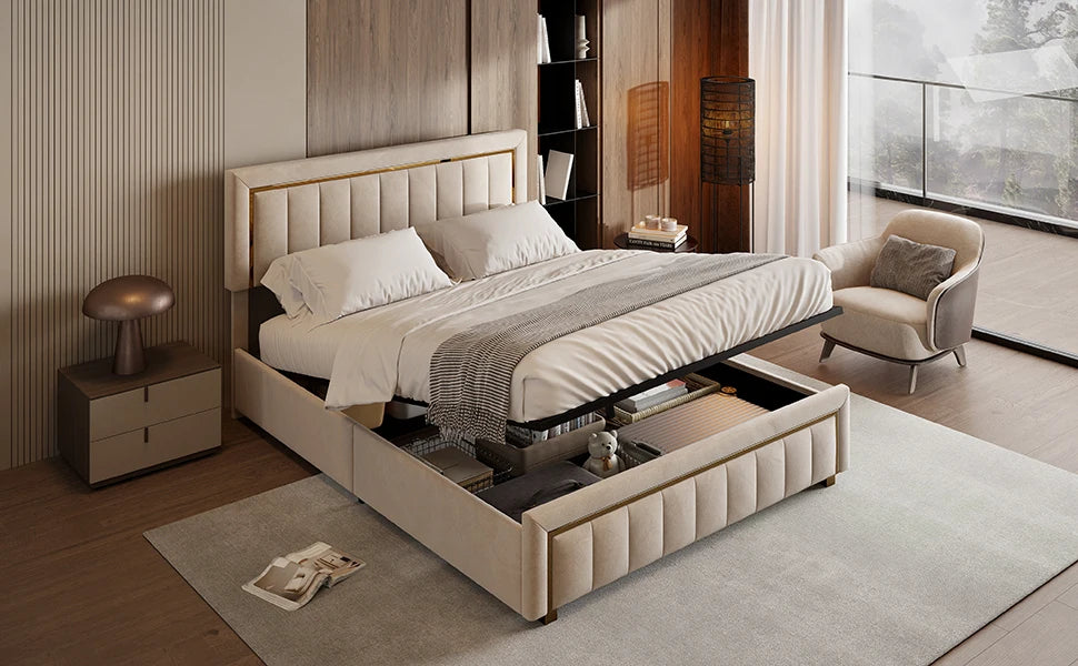 Rosahqnda Doppelt gepolstertes Hydraulikbett, 140–160 x 200 cm, großer Stauraum, Gästebett, Samt, Schwarz, Beige