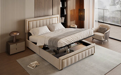 Rosahqnda Doppeltes gepolstertes hydraulisches Bett, 140-160 * 200 cm, großer Stauraum, Gästebett, Samt, schwarz, beige