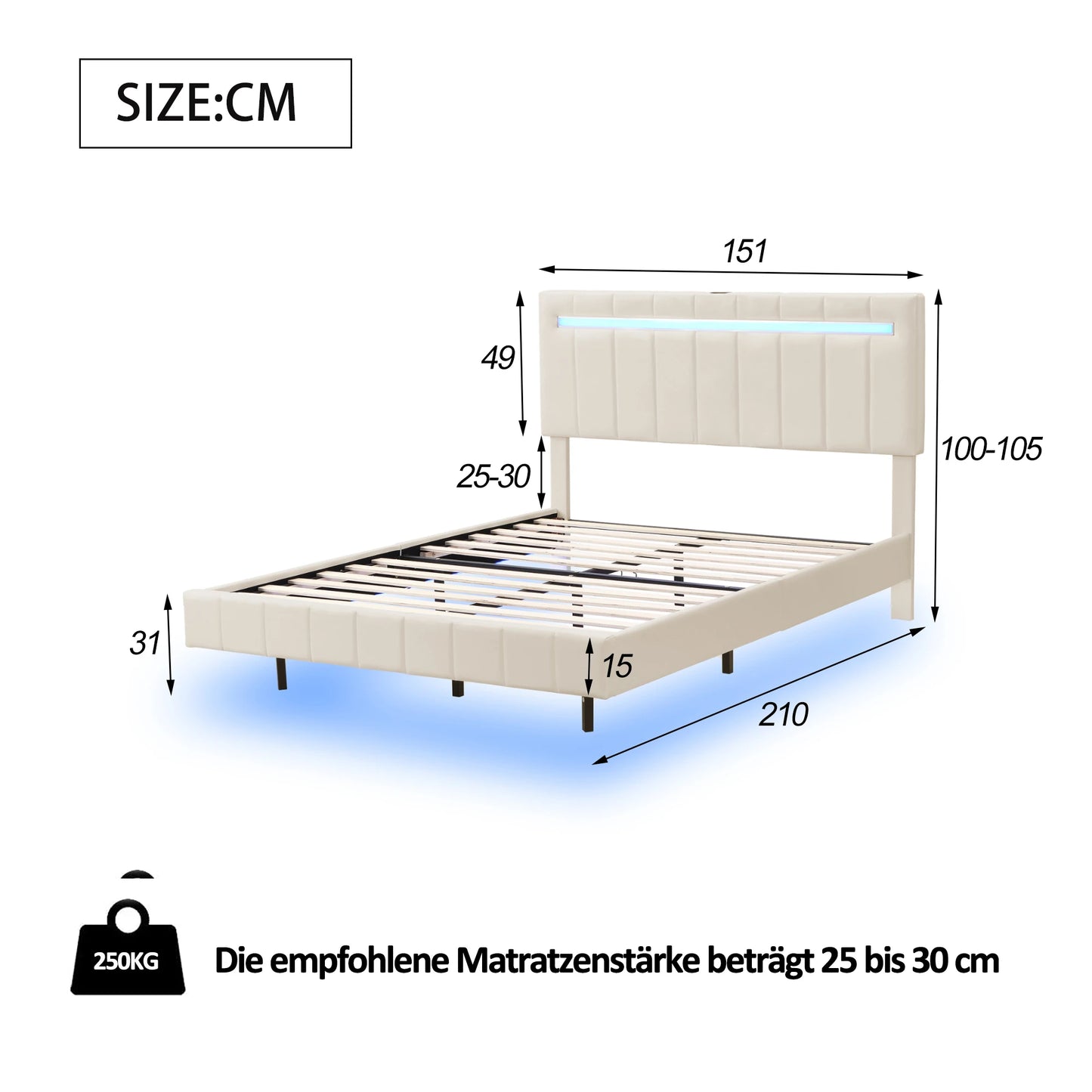 ROSAHQNDA Polsterbett 140/160 x 200 cm, LED-Schwebebettgestell mit USB-Ports, Doppelbett ohne Matratze, Leinenstoff