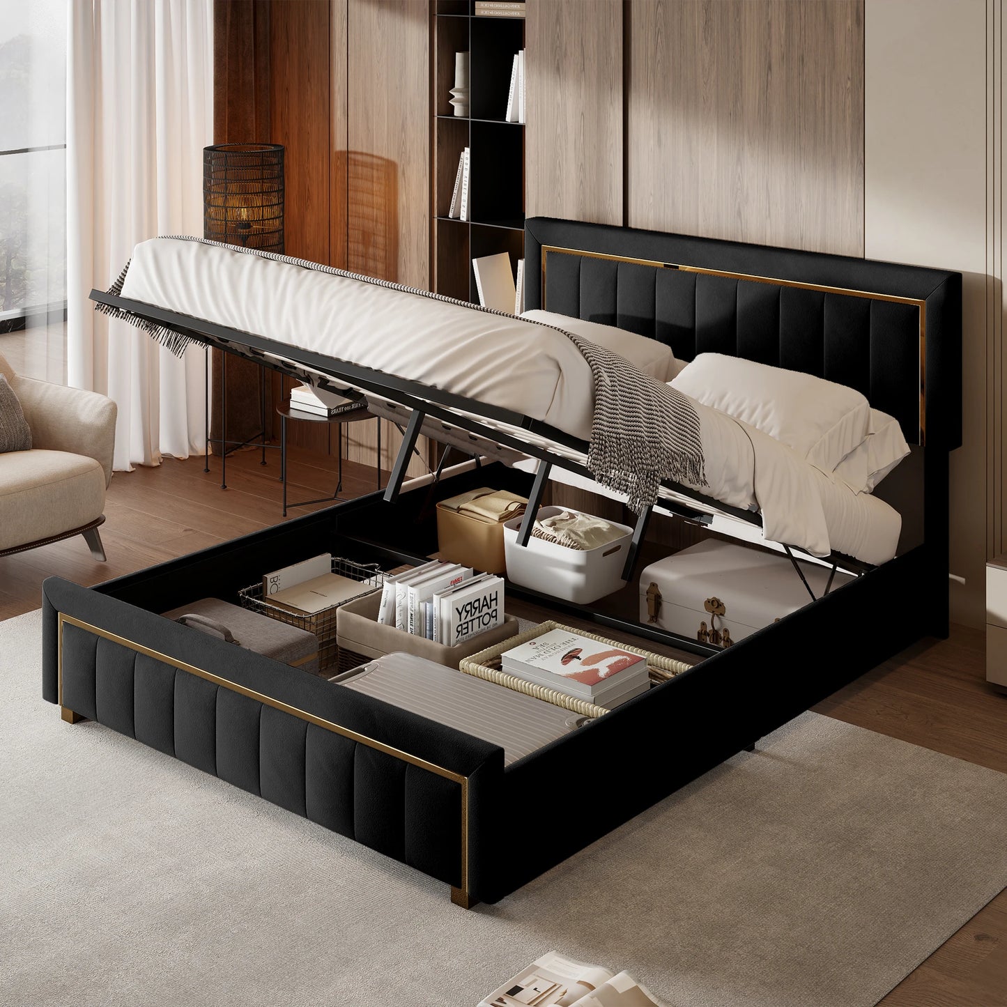 Rosahqnda Upholstered Bed 160x200cm,Hydraulic Storage Function,Light Luxury Style Double Bed,Suitable for Bedroom,Adults,Black