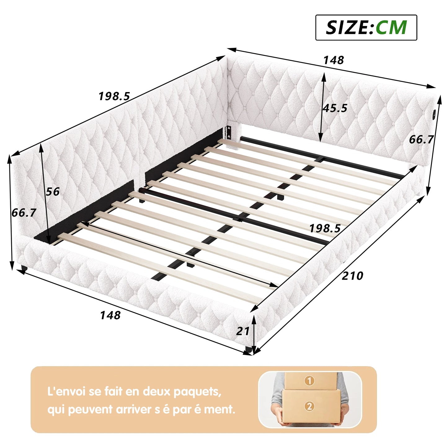 ROSAHQNDA Schlafsofa 140*200cm, modernes LED-Doppelbettgestell mit USB-Ladeanschlüssen, komfortables Plüschmaterial, ohne Matratze