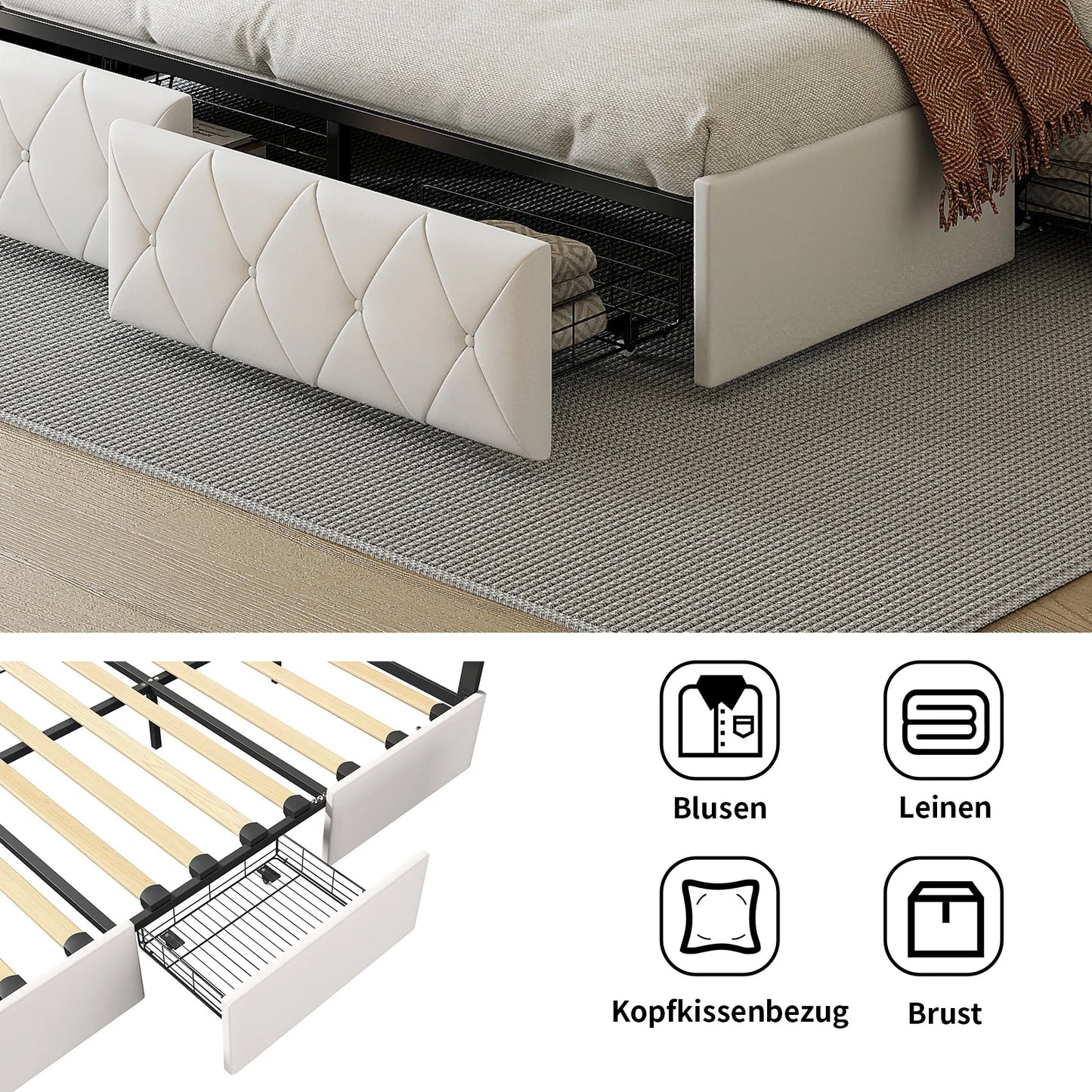 ROSAHQNDA Modernes Kunstlederbett mit Schubladen, LED-PU-Doppelbettgestell mit Stauraum, 140/160 x 200 cm, ohne Matratze