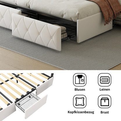ROSAHQNDA Modernes Kunstlederbett mit Schubladen, LED-PU-Doppelbettgestell mit Stauraum, 140/160 x 200 cm, ohne Matratze