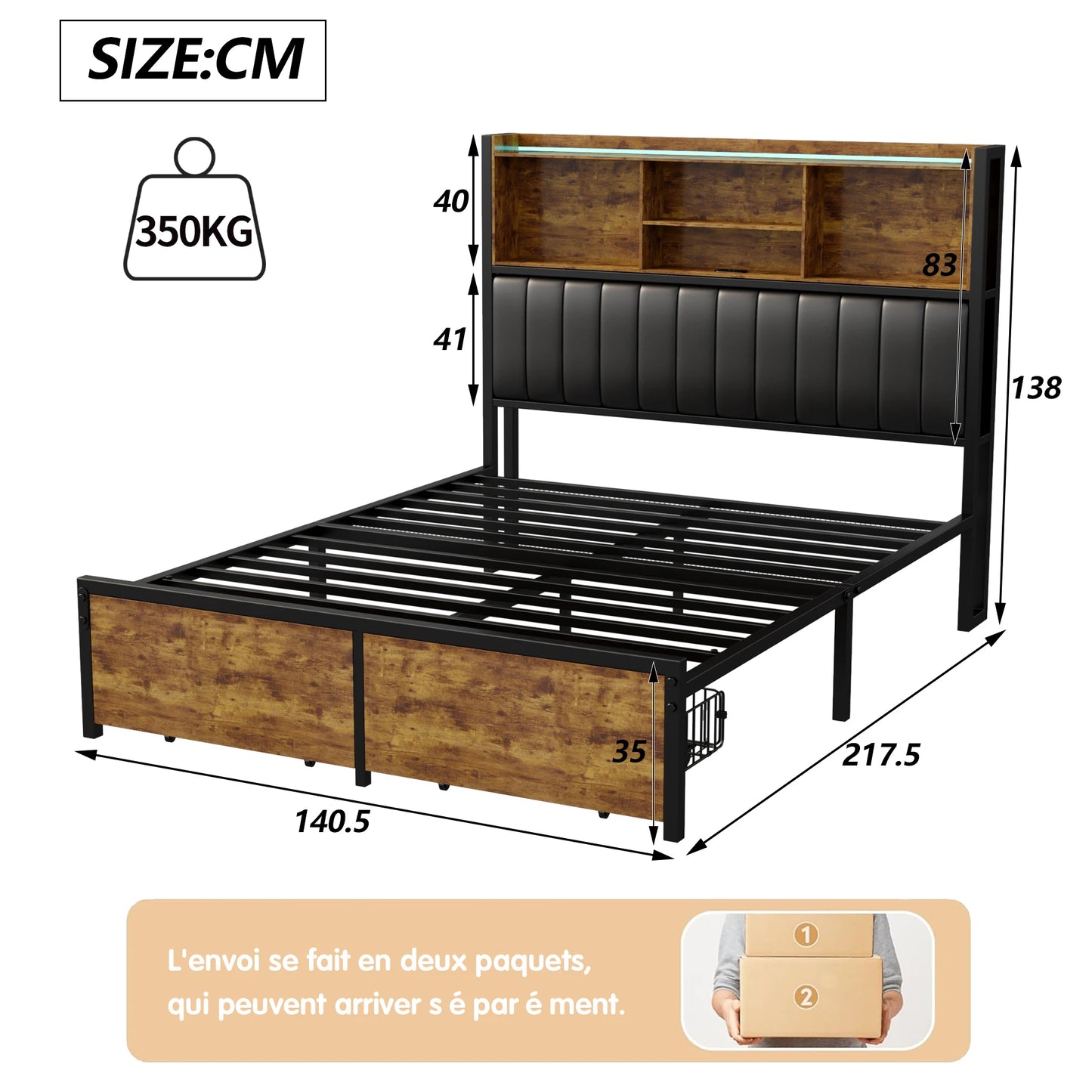 WoodenAura Doppelbettgestell aus Holz und Metall, Retro-Bett mit LED-PU-Kopfteil und 2 Schubladen, modernes Bett mit Stauraum