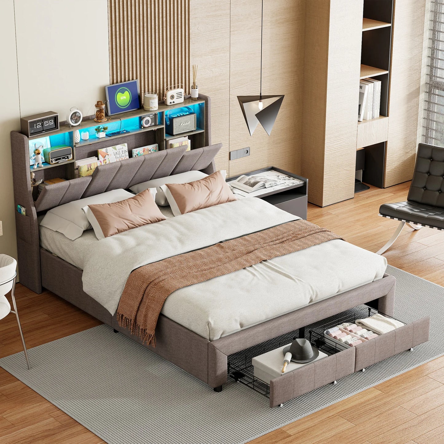 Rosahqnda gepolstertes Doppelbett 140x200cm mit LED-Beleuchtung,Doppelbett mit 2 Schubladen,hydraulischem Stauraum,ohne Matratze