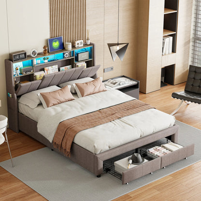 Rosahqnda gepolstertes Doppelbett 140x200cm mit LED-Beleuchtung,Doppelbett mit 2 Schubladen,hydraulischem Stauraum,ohne Matratze