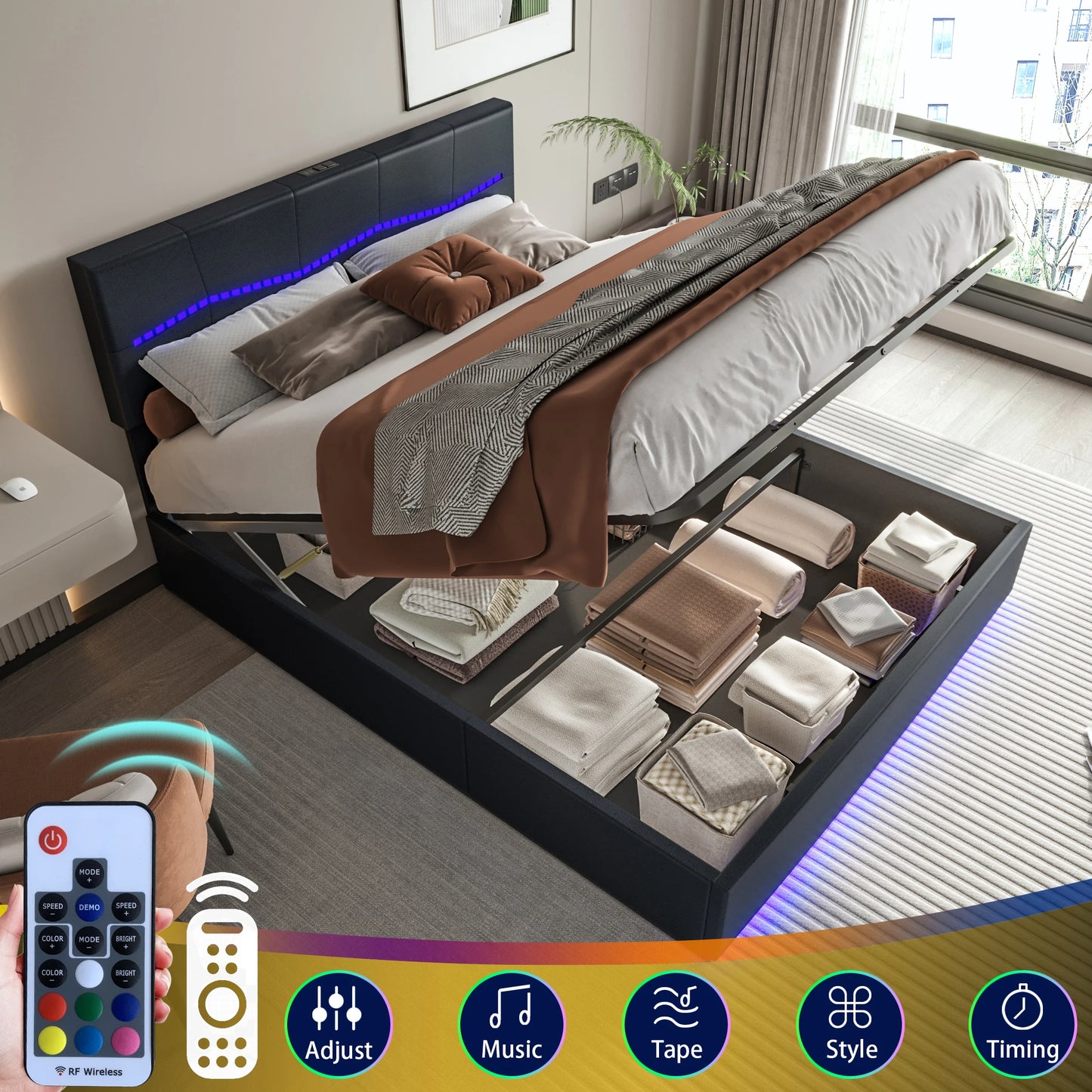 ROSAHQNDA Polsterbett, LED-Doppelbett mit USB-Station, verstellbares Kopfteil, Bettgestell, Betten mit Stauraum, PU, ohne Matratze