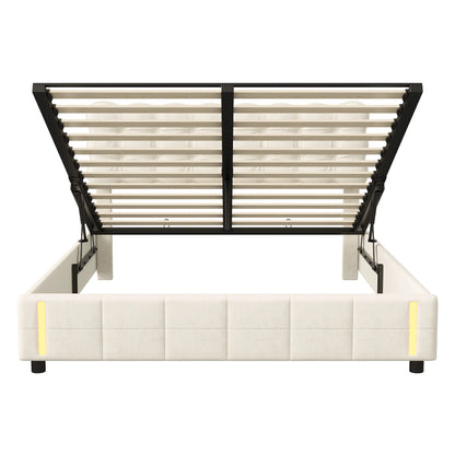 Doppelbett 140x200 cm mit LED-Beleuchtung und Stauraum, Luftdruckbett, Lattenrost, Samt, beige, ohne Matratze