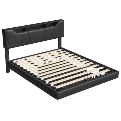 Rosahqnda Soft Bed,Air Pressure Storage Bed, with LED and USB Charging Ports,Adjustable Headboard,Bedroom,Adults,Youth,Black PU