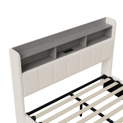 WoodenAura 160x200 CM Polsterbett mit LED-Lichtleiste, Kopfteil mit Stauraum, Doppelbett, flacher Bettrahmen, Metallbettrahmen