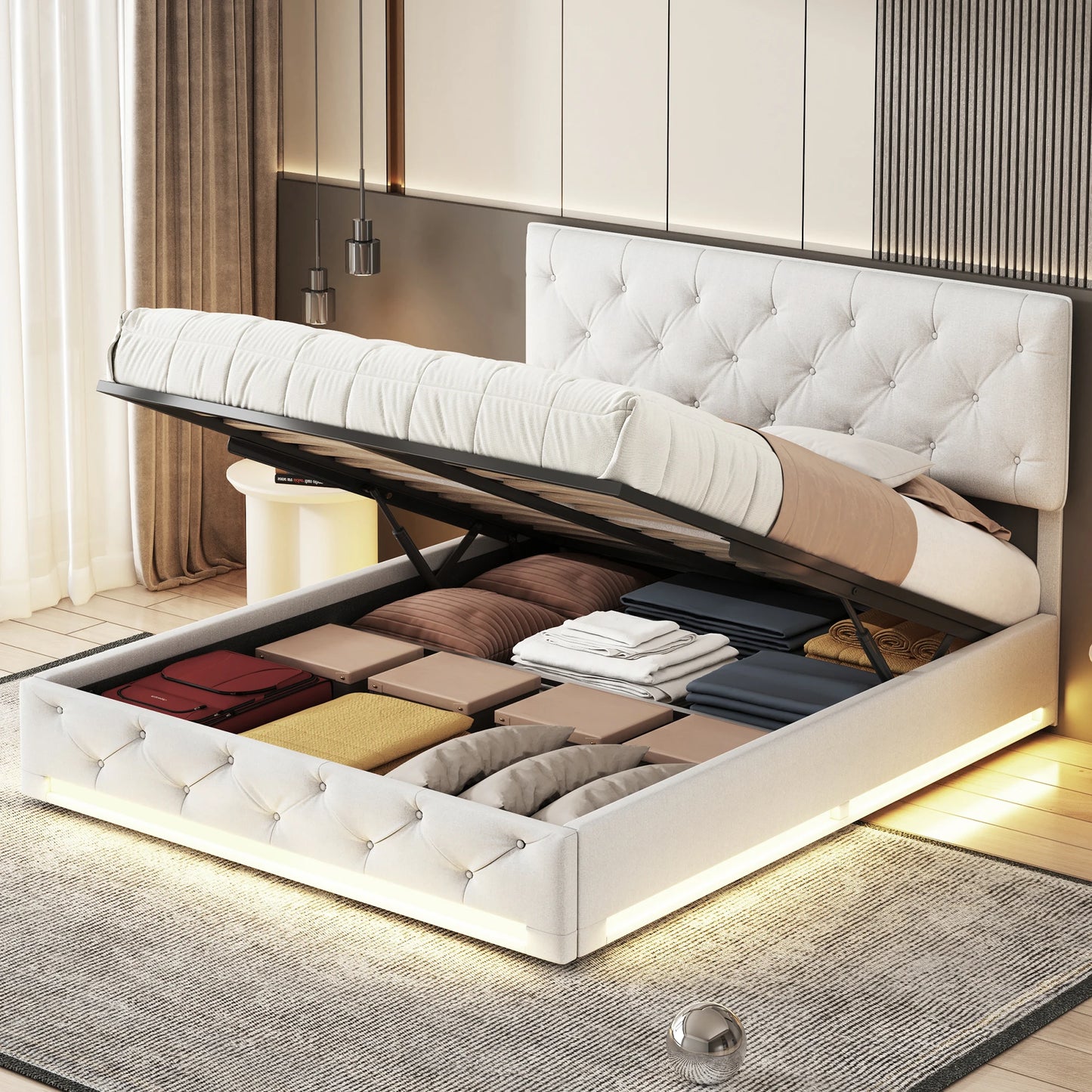 Rosahqnda Double Upholstered Bed 160x200,LED Hydraulic Storage Bed with Large Storage Space,Adjustable Headboard,Bedroom,Beige