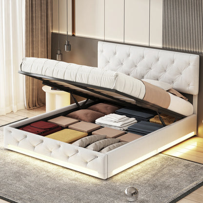 Rosahqnda Double Upholstered Bed 160x200,LED Hydraulic Storage Bed with Large Storage Space,Adjustable Headboard,Bedroom,Beige