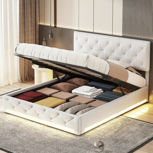 Rosahqnda Double Upholstered Bed 160x200,LED Hydraulic Storage Bed with Large Storage Space,Adjustable Headboard,Bedroom,Beige