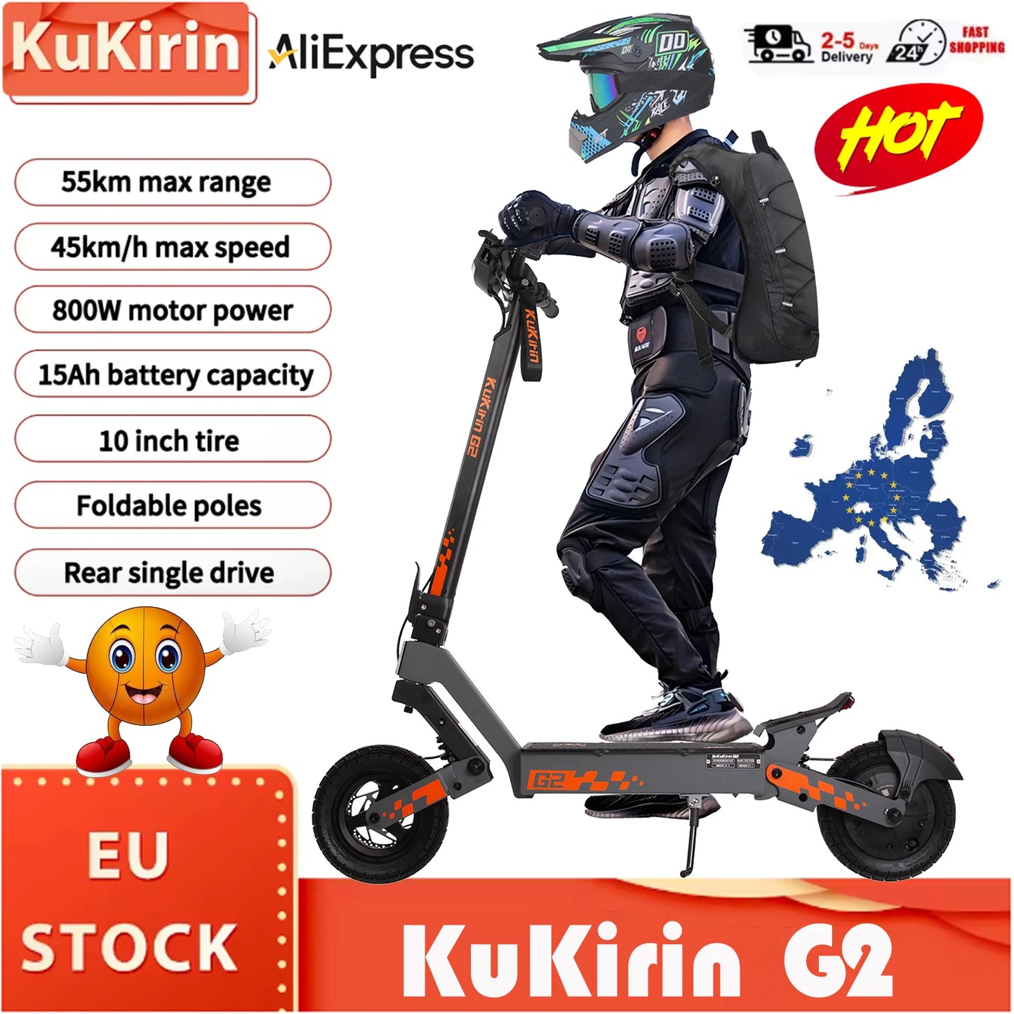 Kukirin G2 Foldable Electric Scooter  1200W Peak Motor 48V 15.6Ah Battery 10-inch Tire 45km/h Max Speed 55km Range.