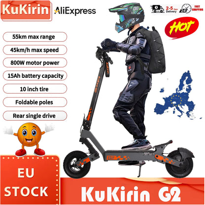Kukirin G2 Foldable Electric Scooter  1200W Peak Motor 48V 15.6Ah Battery 10-inch Tire 45km/h Max Speed 55km Range.