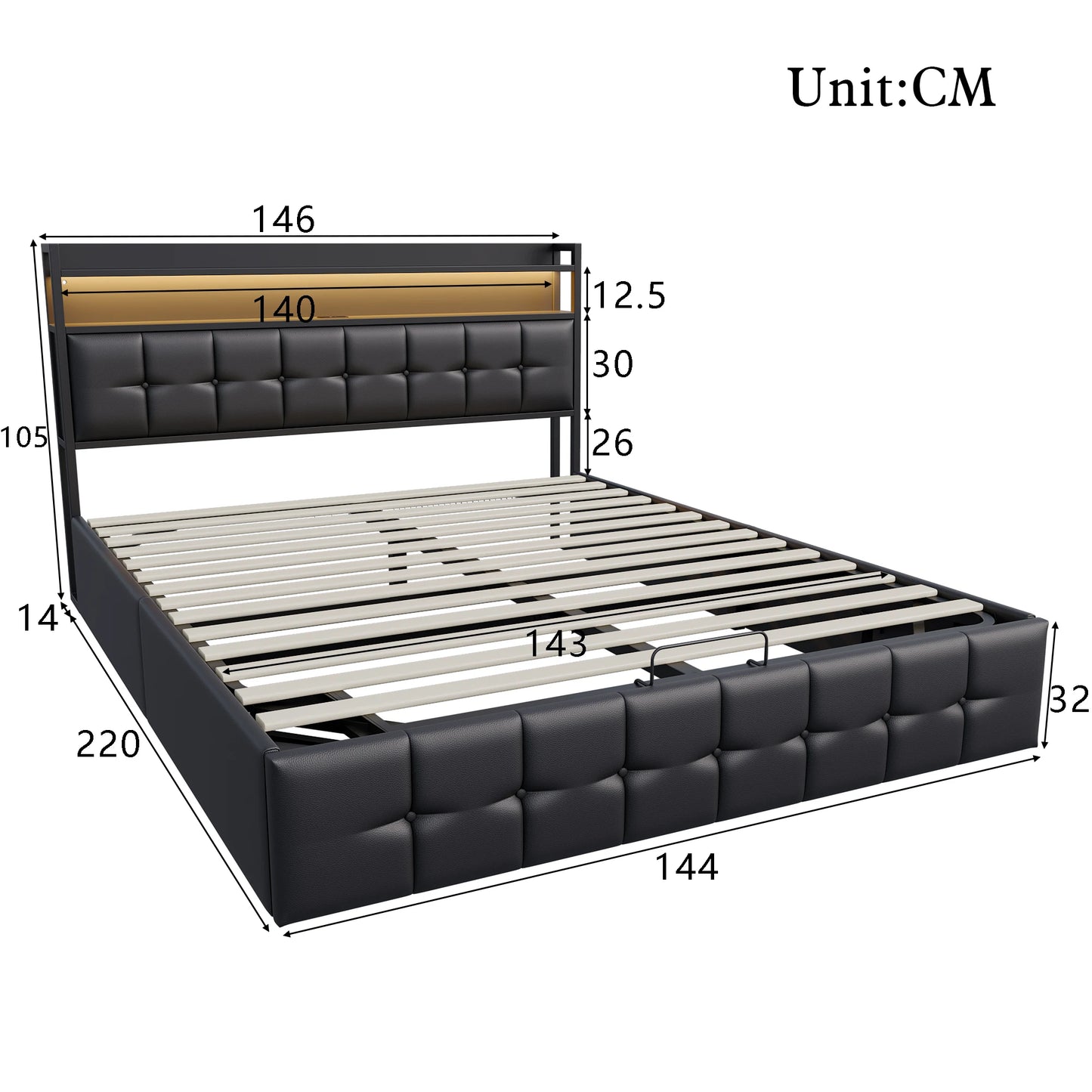 Rosahqnda Polsterbett 140x200 cm mit Lichtleiste, Stauraumbett mit Kopfteil, Doppelbett mit Lattenrost für 2 Personen,PU,Schwarz