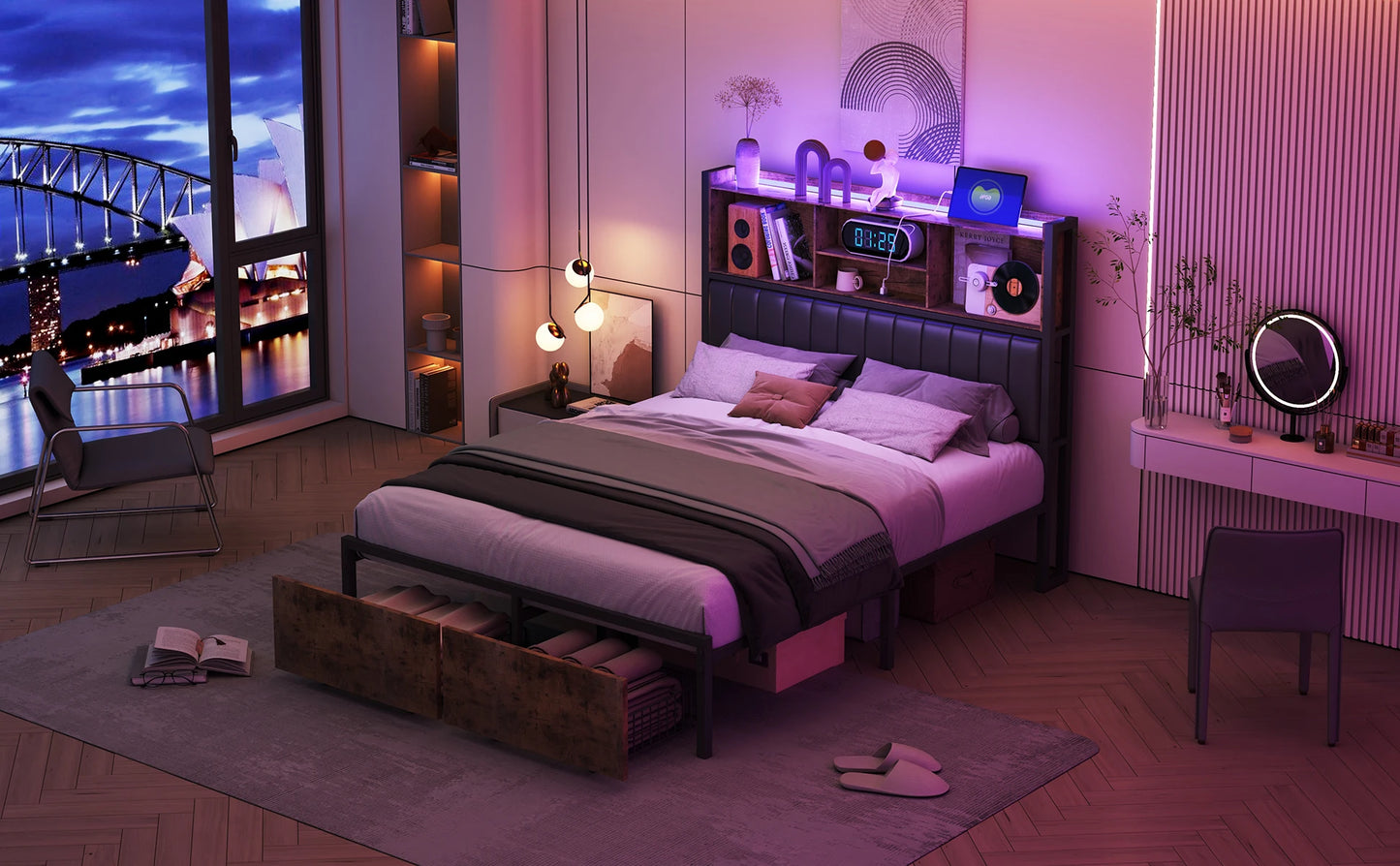 Rosahqnda Doppelbett aus Eisen, Rahmen mit LED, USB und Schubladen, gepolstertes Bett, 140–160–180 x 200 cm, Stauraum, Kopfteil, Jugendbett, PU, Schwarz