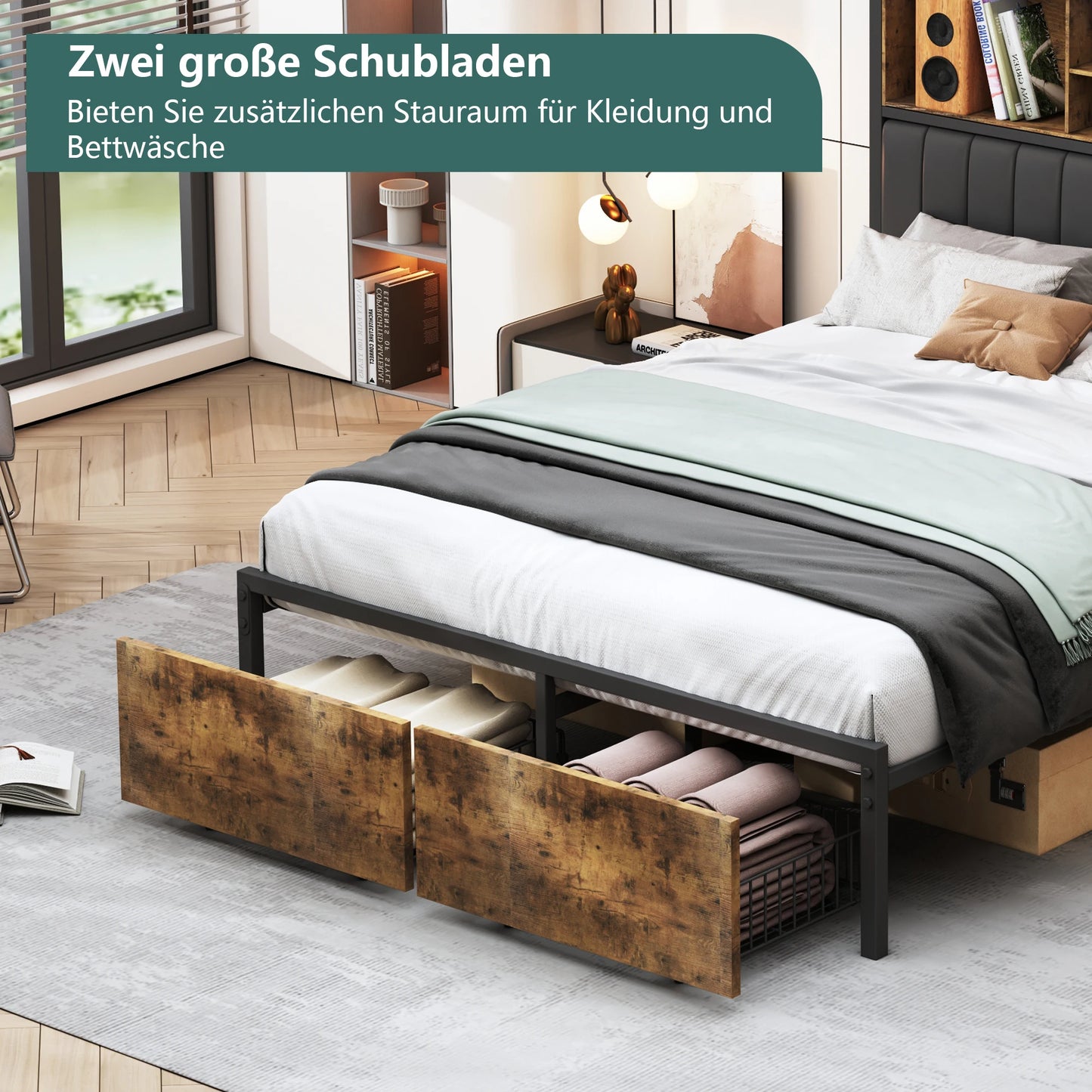 Rosahqnda Doppelbettgestell aus Eisen mit LED & USB & Schubladen, Polsterbett 140-160-180*200cm,Stauraum-Kopfteil,Jugendbett,PU