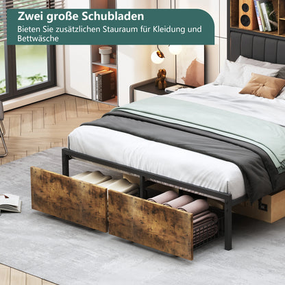 Rosahqnda Doppelbett aus Eisen, Rahmen mit LED, USB und Schubladen, gepolstertes Bett, 140–160–180 x 200 cm, Stauraum, Kopfteil, Jugendbett, PU, Schwarz