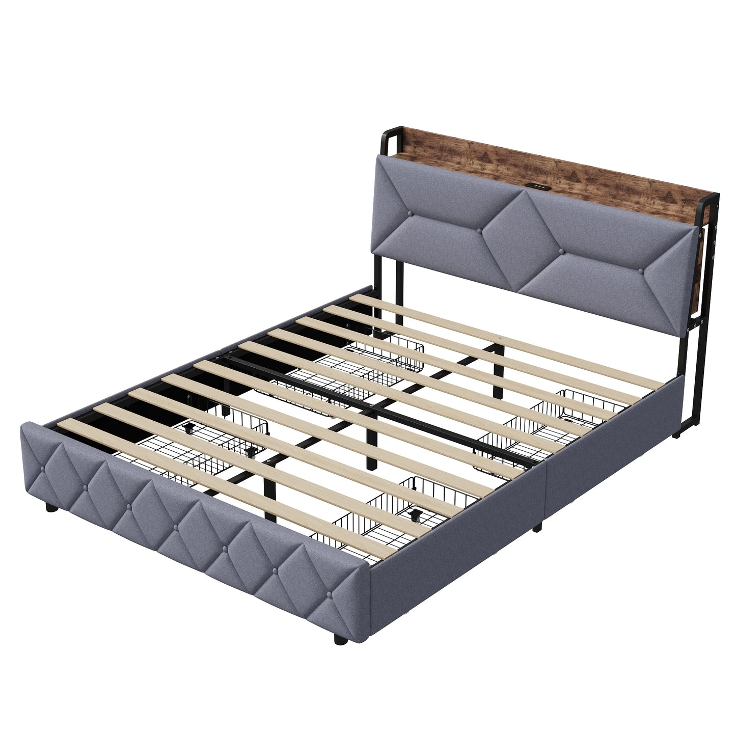 Bett 140 x 200 mit USB, Doppelbett mit 4 Schubladen, Kopfteil mit ausziehbarem Stauraum, Erwachsenenbett mit Lattenrost