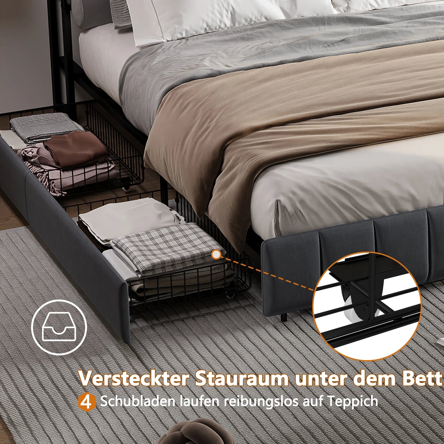 WoodenAura Polsterbett 140x200cm, Doppelbett mit 4 Schubladen, LED Kopfteil mit USB Ladefunktion, Rückenlehne Bett mit Stauraum