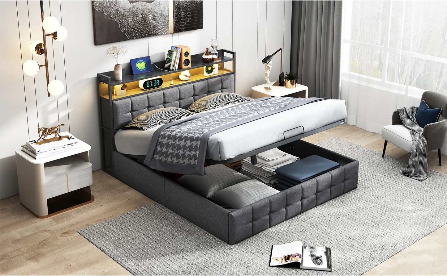 Rosahqnda Polsterbett 140 x 190 cm Doppelbett mit LED und USB, gepolsterter Bettrahmen mit Kopfteil und Lattenrost, Höhe 32 cm