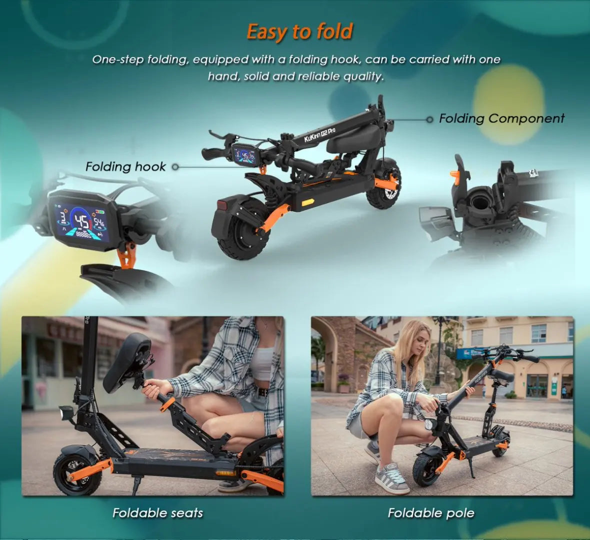 2025 New KuKirin G2 Pro Foldable Electric Scooter 1000W 48V 15.6AH Maximum Speed 45 km/h Range up to 58 km 9 " tires.