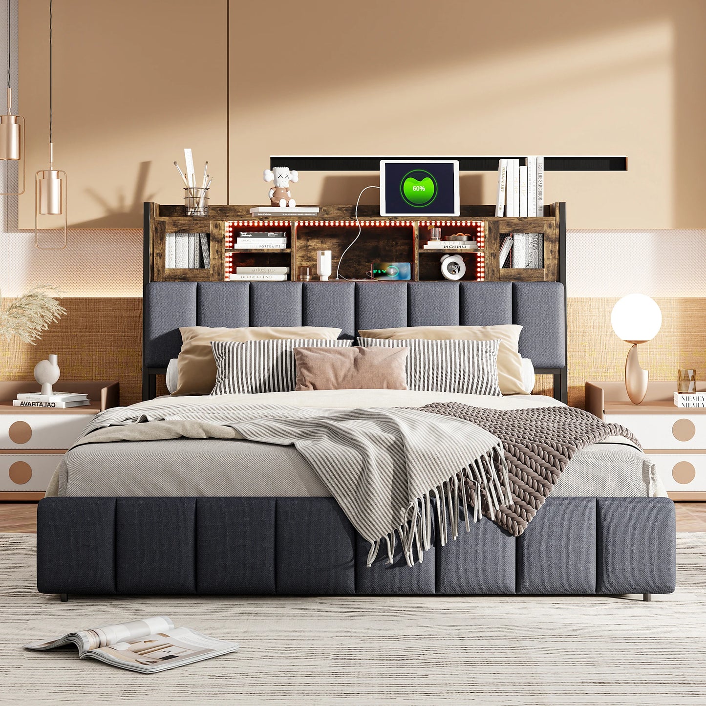 WoodenAura Polsterbett 140x200cm, Doppelbett mit 4 Schubladen, LED Kopfteil mit USB Ladefunktion, Rückenlehne Bett mit Stauraum