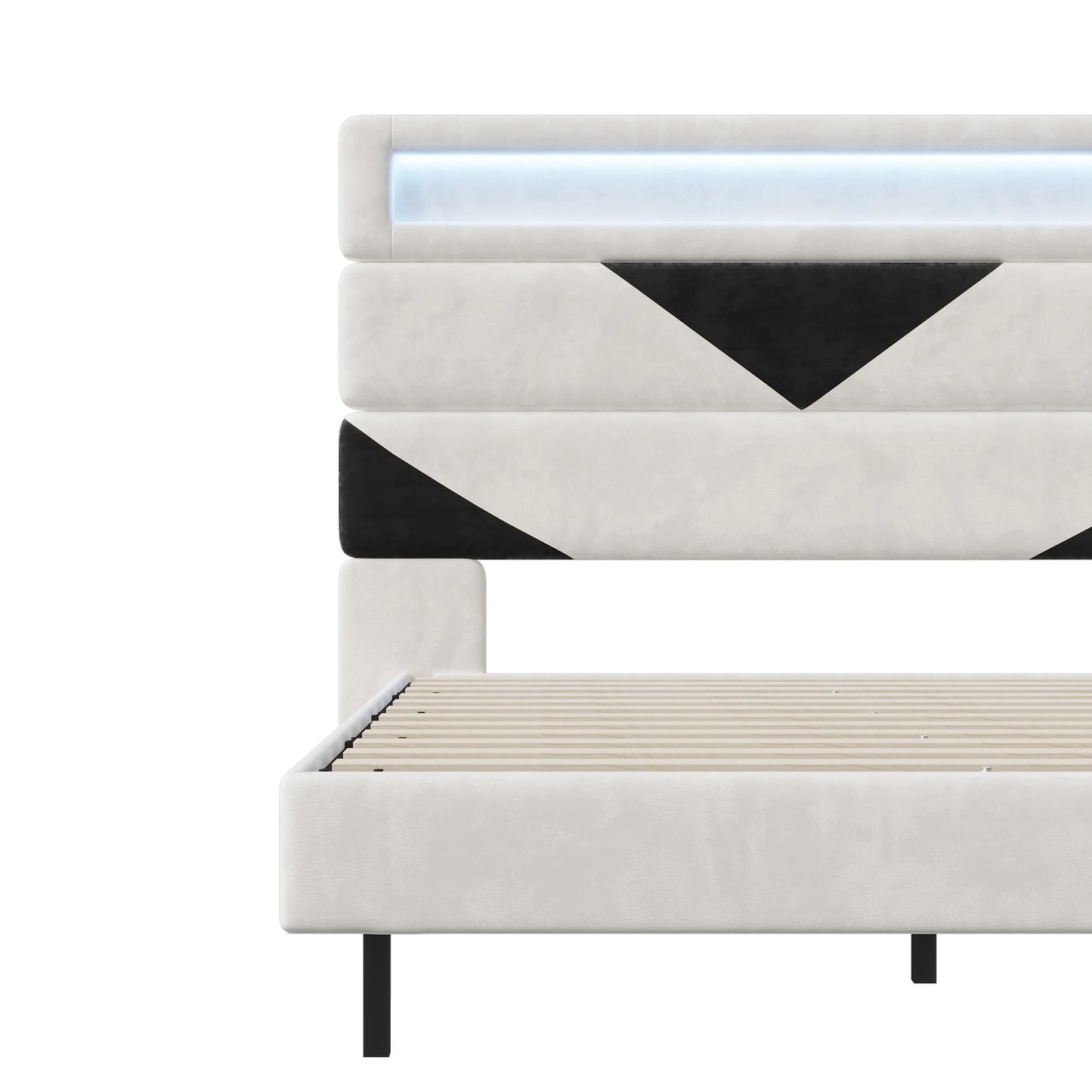 Doppelbett 160x200 cm, mit zwei USB-Ladeanschlüssen und LED-Lichtleiste, dreieckiges Kopfteil, verstellbare Holzplatte, Samt