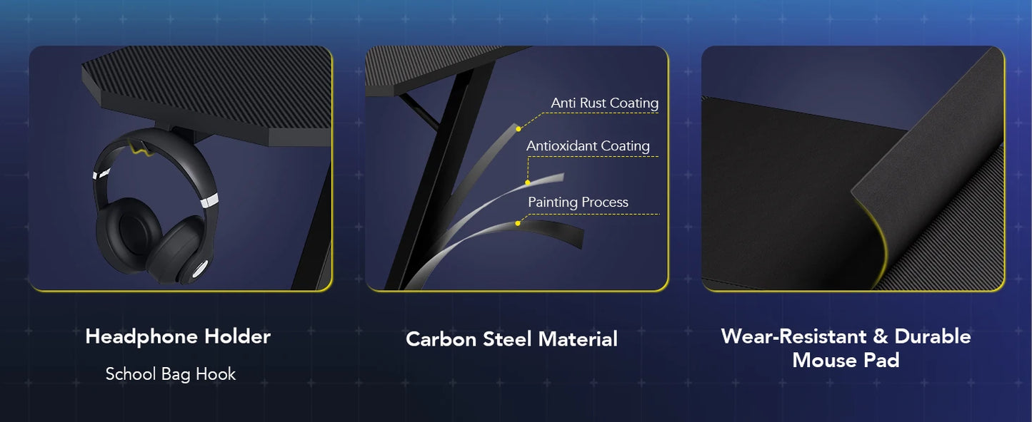 GTPLAYER Gaming Tisch, Gaming Schreibtisch 120 x 60cm, PC Tisch Gamer Tisch mit Kohlefaseroberfläche/LED/Steckdose, Schwarz