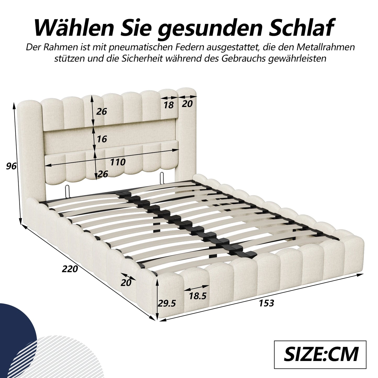 Rosahqnda Polsterbett mit LED- und USB-Anschluss, Leinenbaumstumpfbettgestell mit Kopfteil, 140 x 200 cm großes hydraulisches Bett ohne Matratze