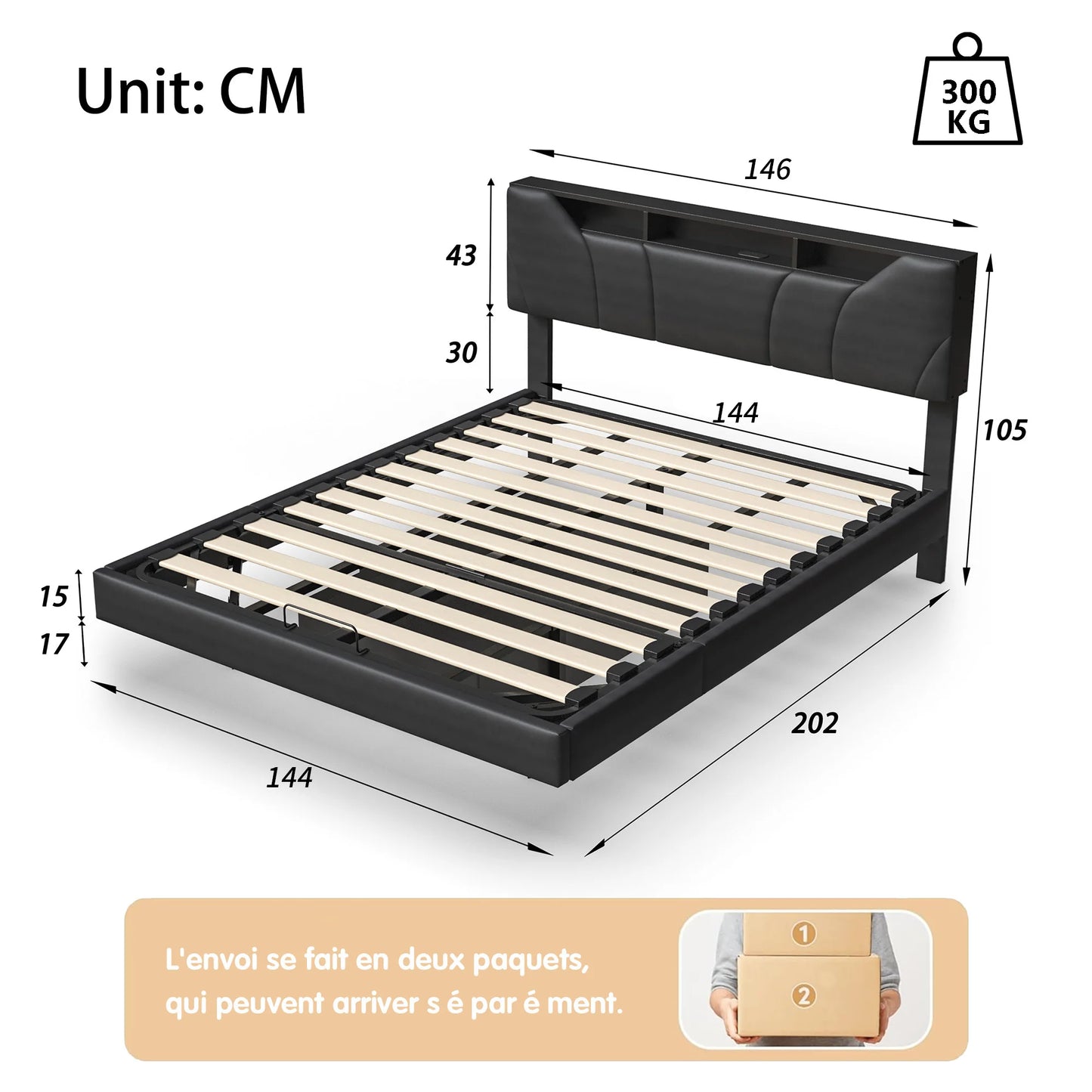 WoodenAura Doppelbett, gepolstertes Bett, Stauraum, Kopfteilbett mit USB-Aufladung, Stauraumbetten 140 x 200 cm, ohne Matratze