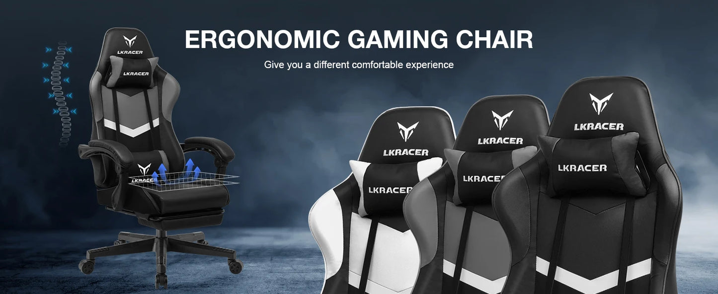 LUCKRACER Gaming Stuhl mit fußstütze Bürostuhl Ergonomisch mit verstellbare Lendenkissen, Kopfkissen Gaming Chair
