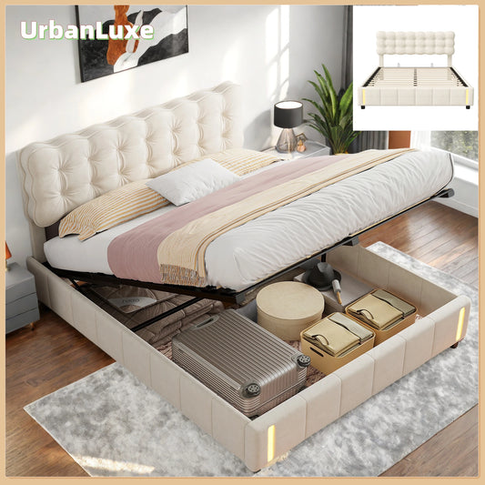 Doppelbett 140x200 cm mit LED-Beleuchtung und Stauraum, Luftdruckbett, Lattenrost, Samt, beige, ohne Matratze