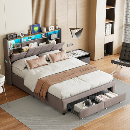 Rosahqnda LED-Polsterbett für Doppelbett mit 2 Schubladen, Kopfteil mit Stauraum und USB, Jugendbett mit Stauraum, Leinen