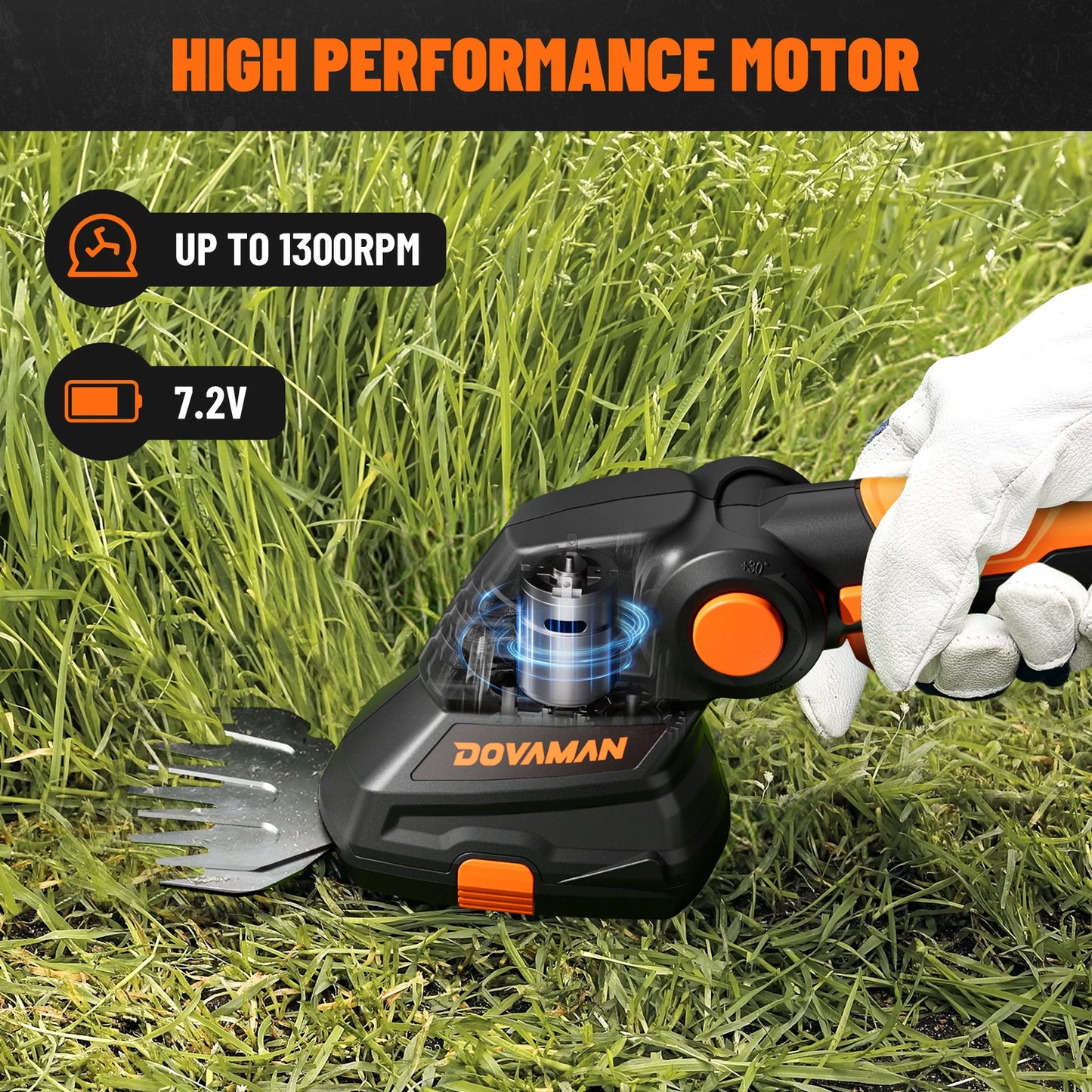 DOVAMANN 3-in-1 7,2 V Akku-Rasenschere mit Teleskopgriff, 2 Klingen (90/170 mm), zum Kanten und Gartenschneiden