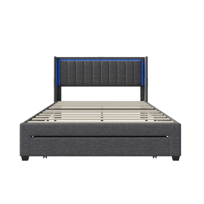 Rosahqnda Gepolsterter Bettrahmen mit LED, USB, Schubladen, Leinen Plattformbett 140-160-180×200cm,Jugendwohnungsbett,Gästebett