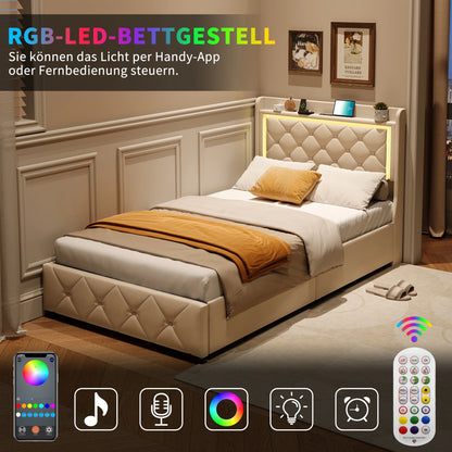 Rosahqnda Polster-Einzelbett 90 x 200 cm mit LED, Jugendbett mit USB/Typ-C, Bettkasten, Holzrahmen, Flanell (ohne Matratze)