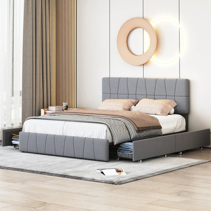 Rosahqnda Upholstered Bed 140x200cm,4 Storage Drawers,Modern Double Bed,Suitable for Adults,Teenagers,Gray,Velvet