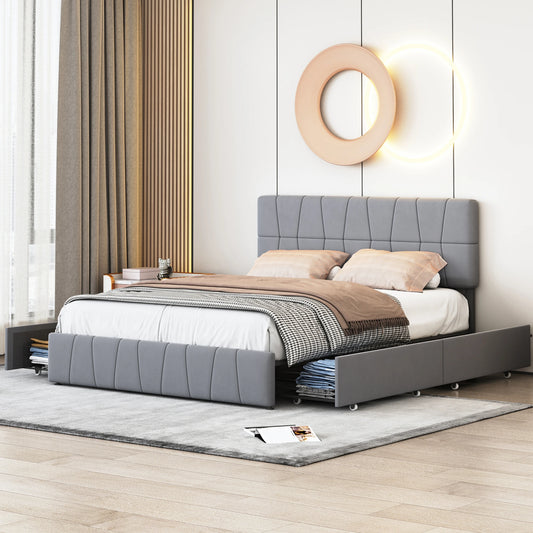 Rosahqnda Upholstered Bed 140x200cm,4 Storage Drawers,Modern Double Bed,Suitable for Adults,Teenagers,Gray,Velvet