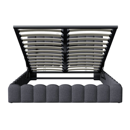 Rosahqnda Polsterbett mit LED- und USB-Anschluss, Leinenbaumstumpfbettgestell mit Kopfteil, 140 x 200 cm großes hydraulisches Bett ohne Matratze