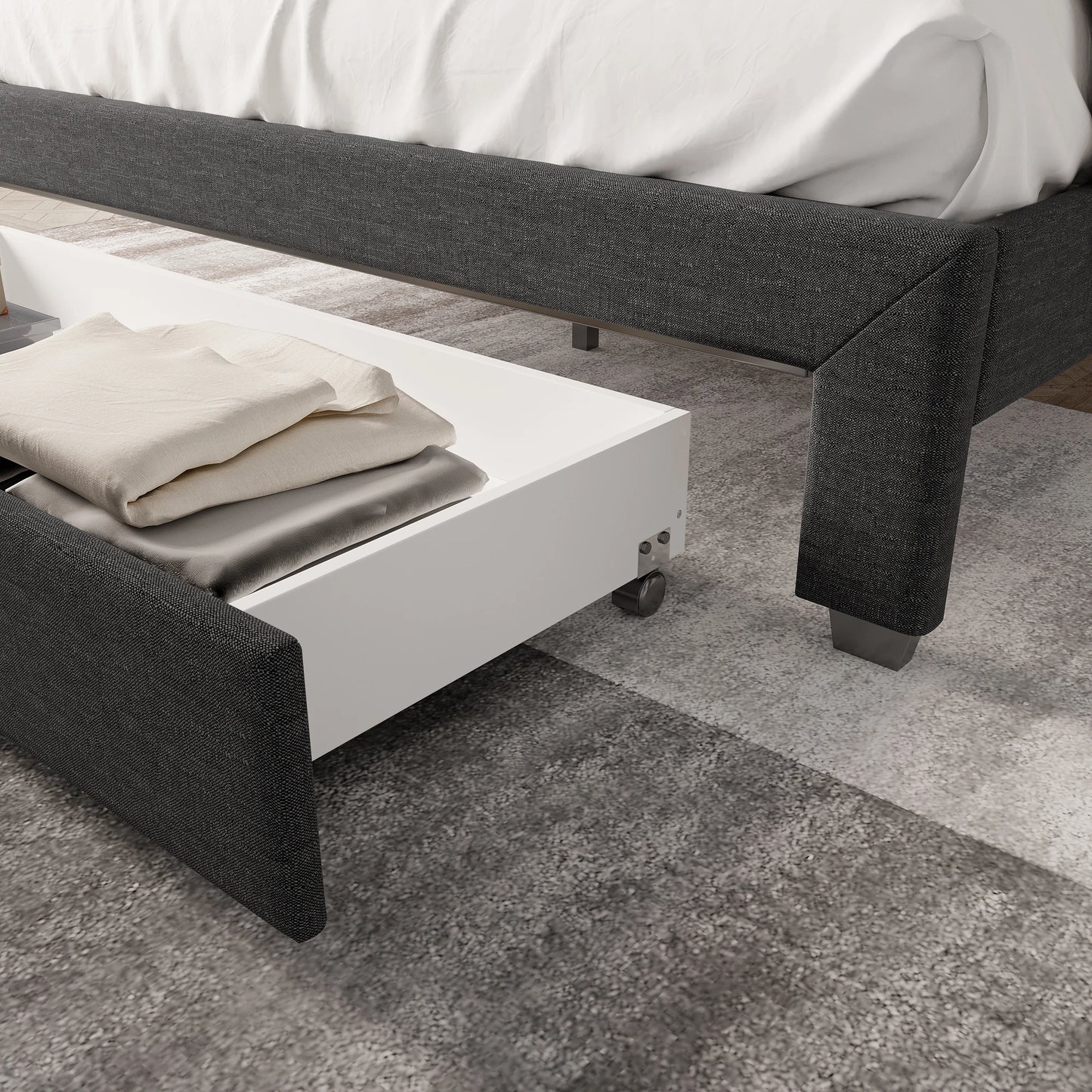 Rosahqnda Gepolsterter Bettrahmen mit LED, USB, Schubladen, Leinen Plattformbett 140-160-180×200cm,Jugendwohnungsbett,Gästebett